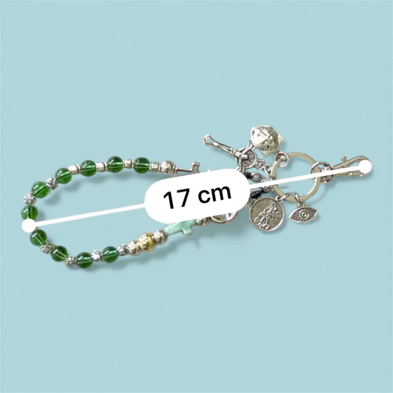 St Michael Archangel Rosary Keychain Green Bead Catholic Charm