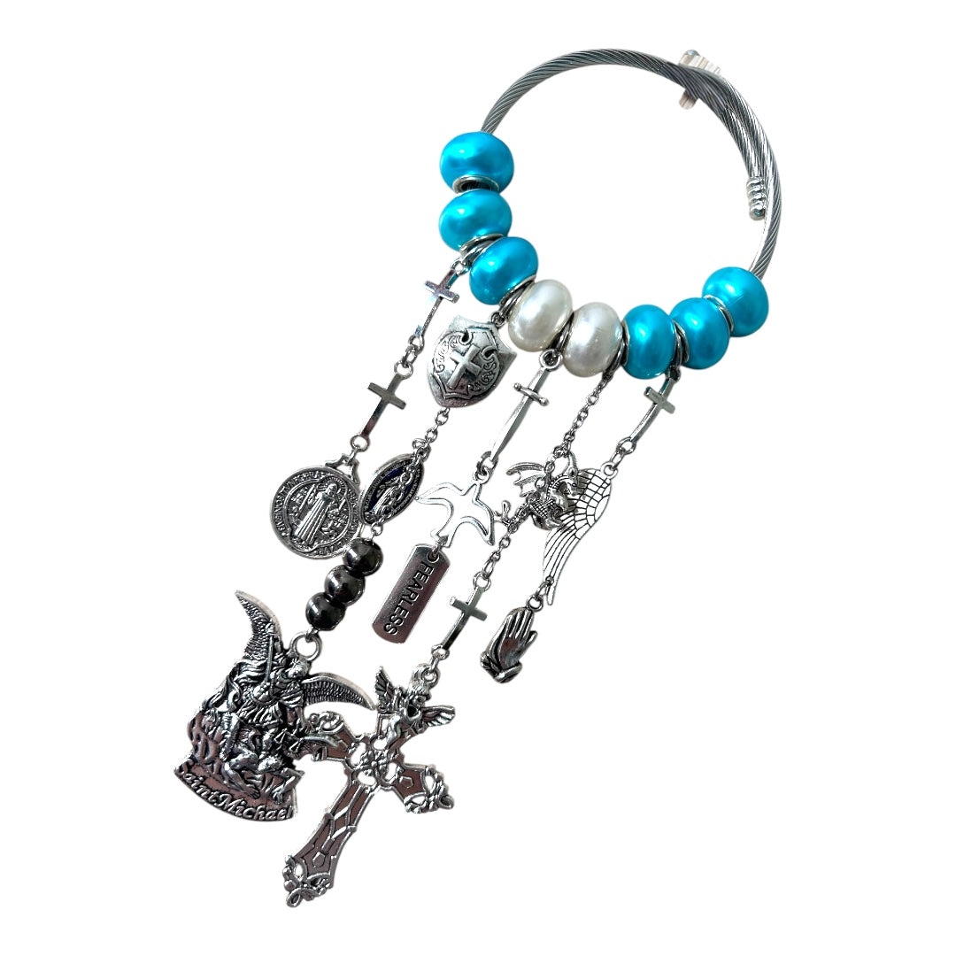 St. Michael the Archangel Door Hanger – Spiritual Home Protection Decor with Blue Beads, Crucifix & Fearless Charm