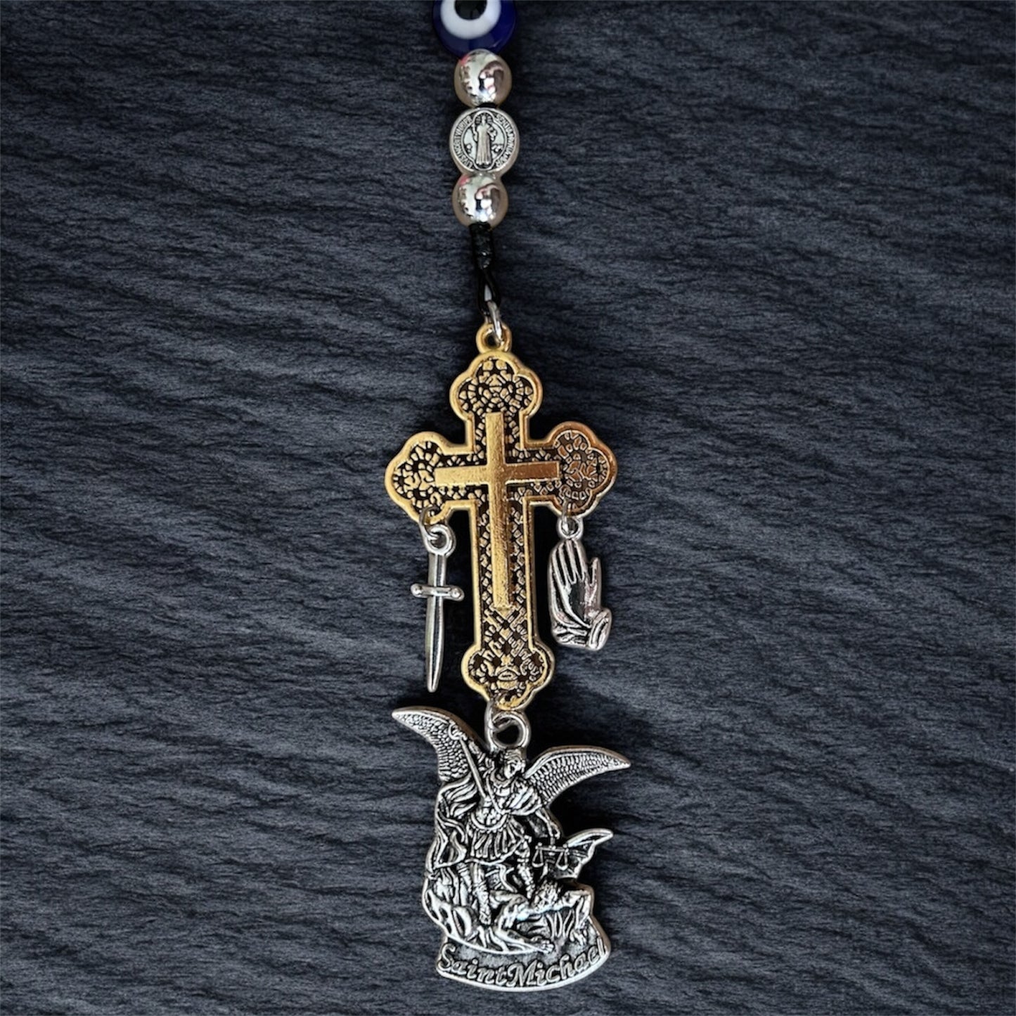 Saint Michael & Evil Eye Protection Car Charm - Gold Color Cross, Sword, & Praying Hands Mirror Hanger
