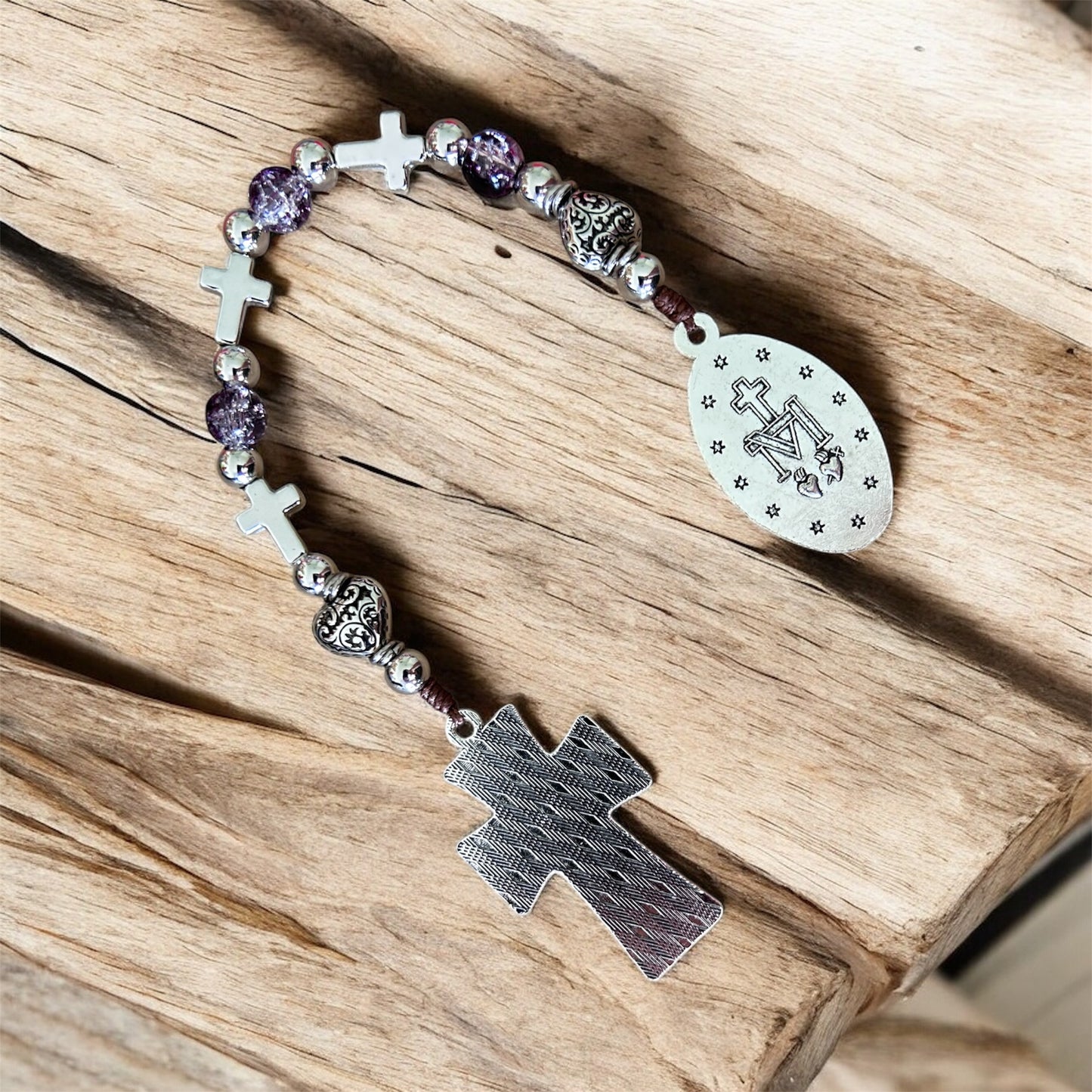Miraculous Medal 3 Hail Mary Chaplet - Serenity Prayer Cross Pocket Prayer Beads - Purple Glass & Silver Devotional Gift