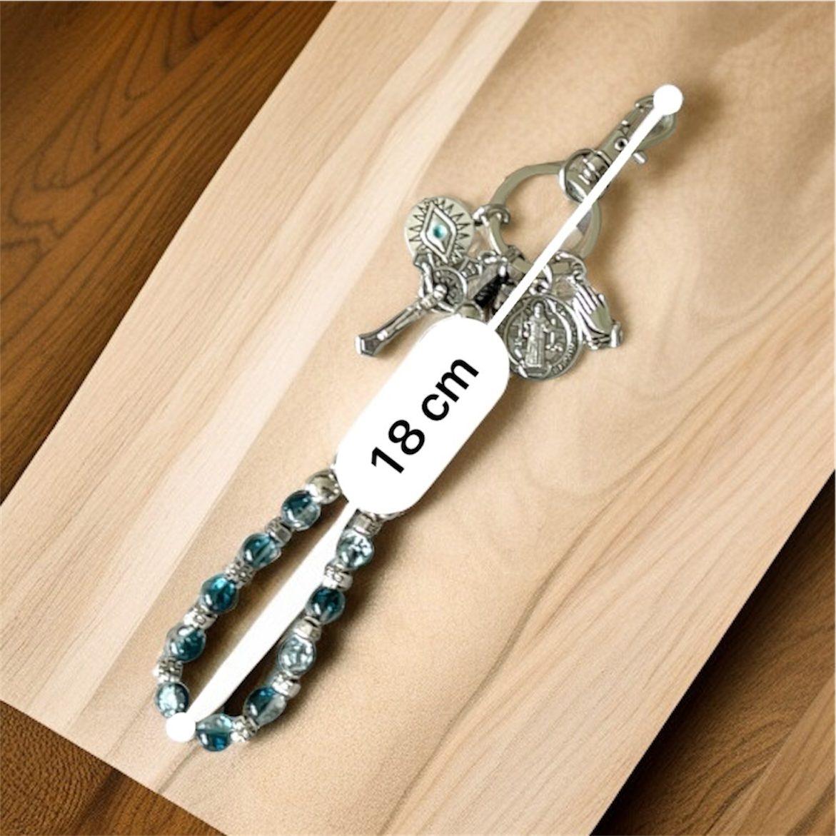 St. Benedict Rosary Keychain – Patron Saint of Students and Europe – Blue Beads