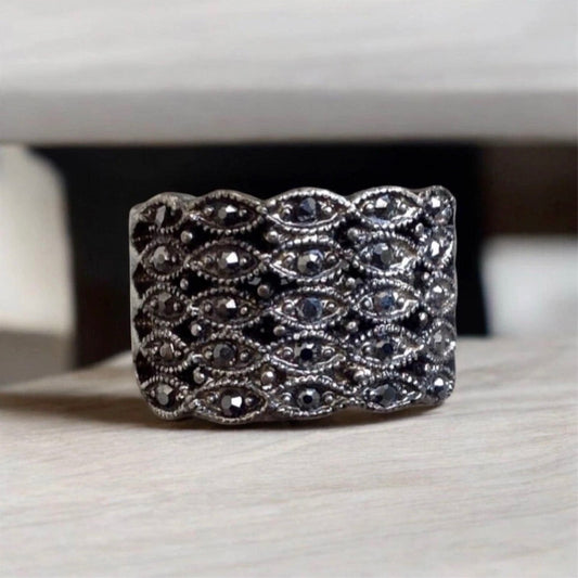 Art Deco Gunmetal Rhinestone Ring - Vintage Style Rustic Wide Band Ring- Unpolished