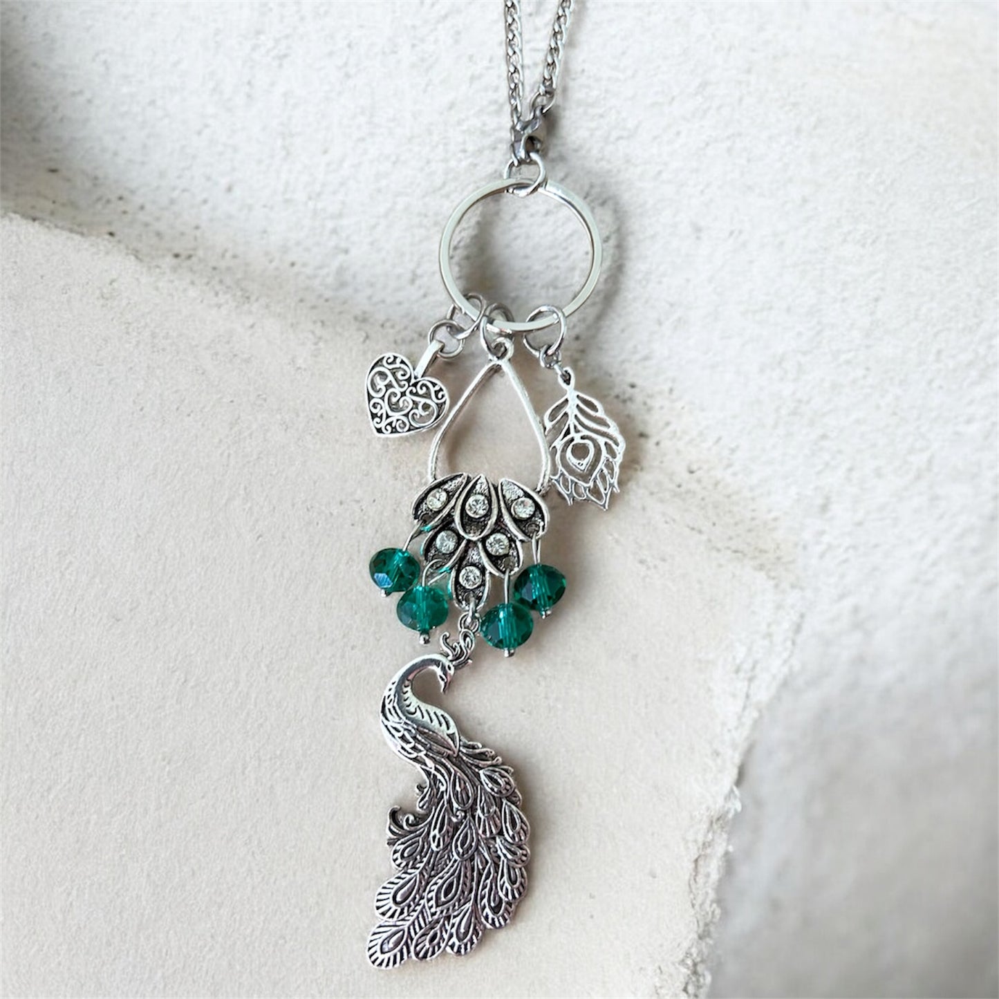 Peacock Car Charm - Emerald Green Rear View Mirror Hanging Ornament - Silver Peacock Jewelry for Car Decor, Home Wall Art & Peacock Lover Gift