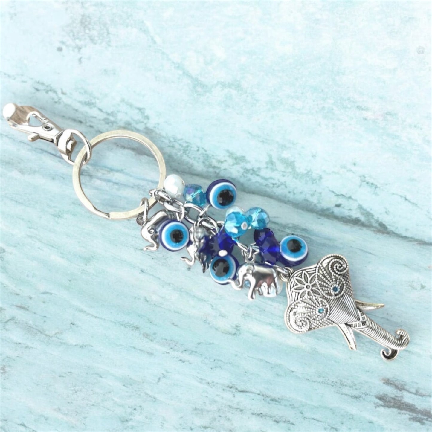 Evil Eye Elephant Keychain – Blue Nazar Protection Charm – Boho Bag Accessory & Good Luck Handbag Charm