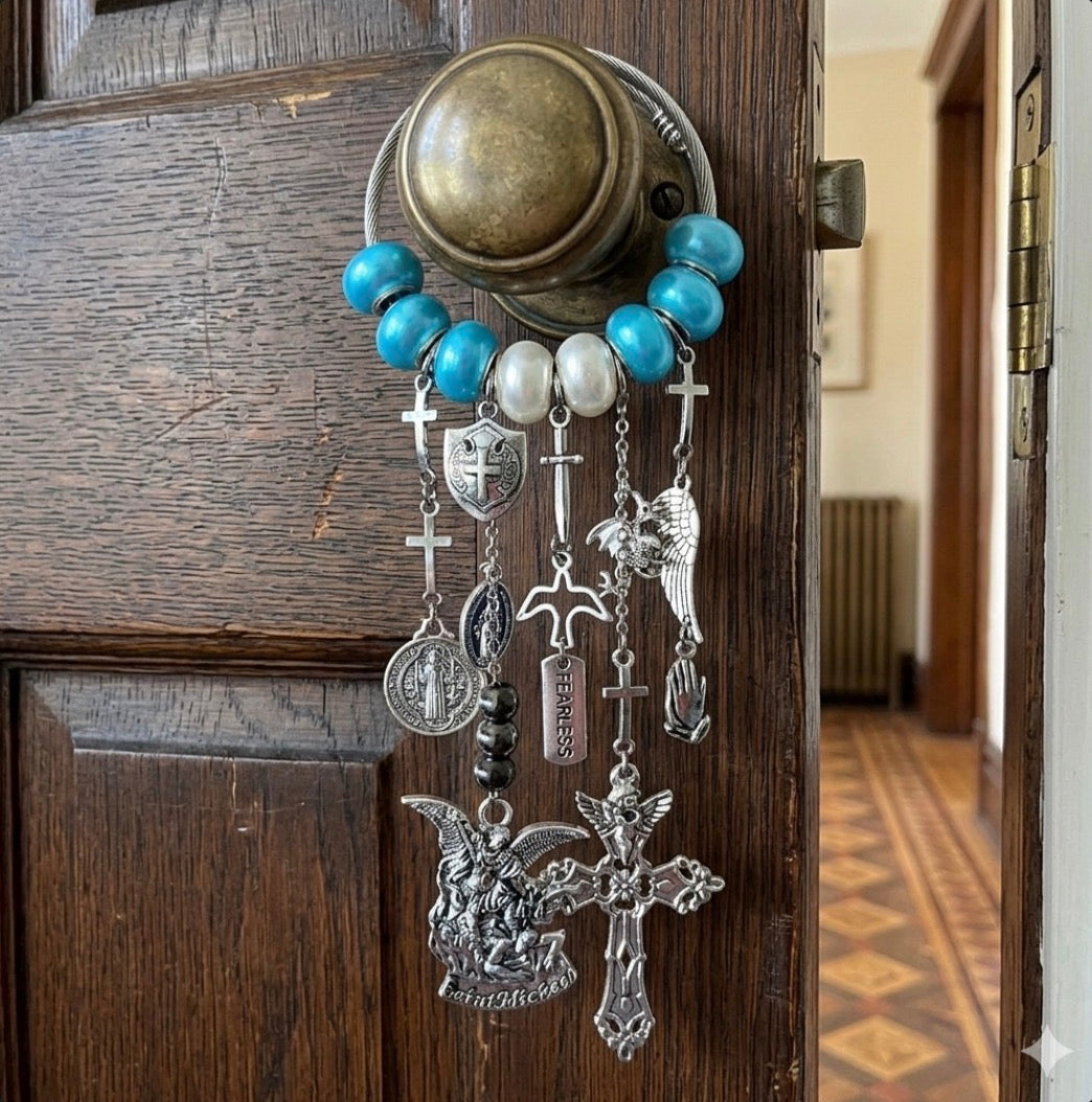 St. Michael the Archangel Door Hanger – Spiritual Home Protection Decor with Blue Beads, Crucifix & Fearless Charm