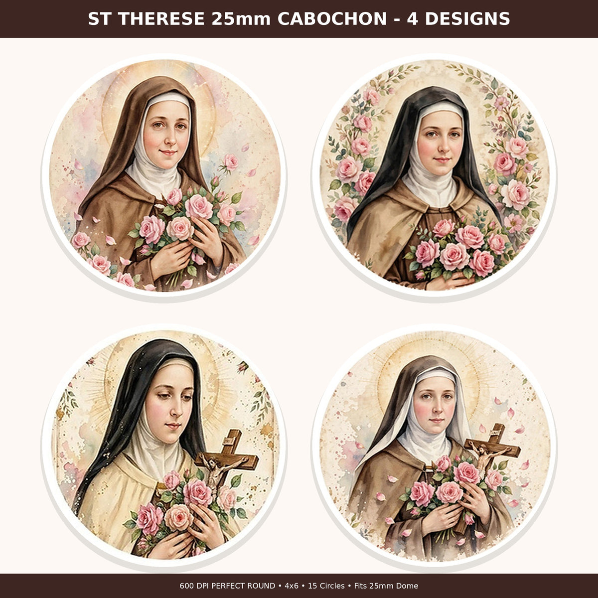 St Therese 25mm Cabochon Images - 4 Designs - 15 Circles Per Sheet - 600 DPI - Bottle Cap, Rosary, Jewelry, Glass Dome