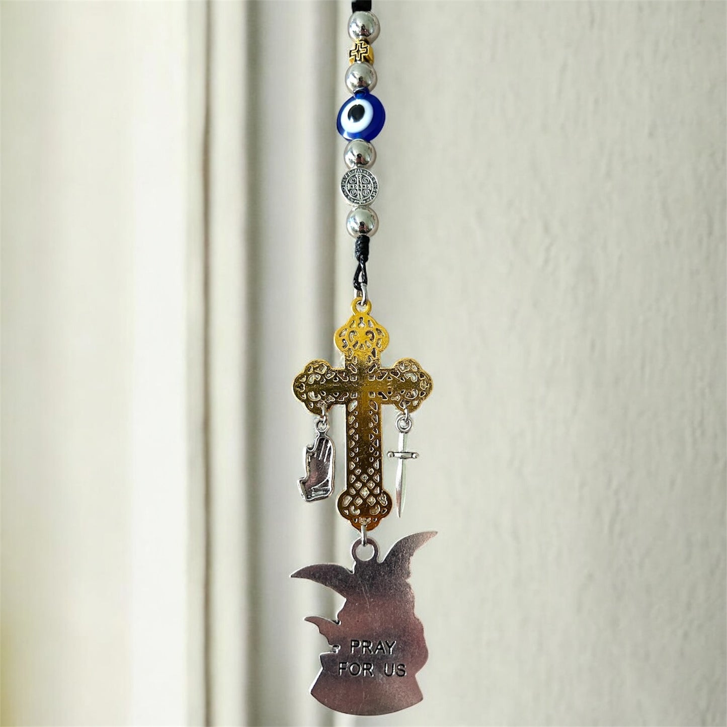 Saint Michael & Evil Eye Protection Car Charm - Gold Color Cross, Sword, & Praying Hands Mirror Hanger
