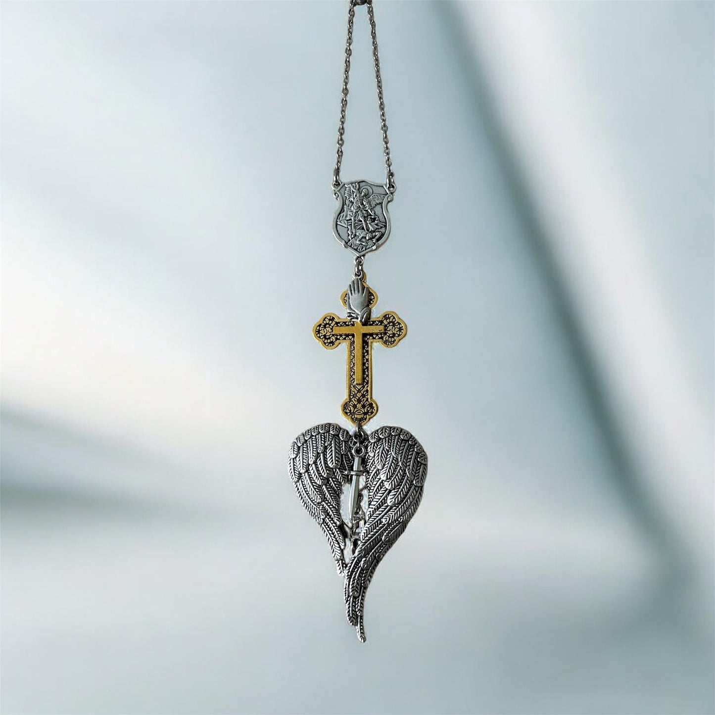 St. Michael Archangel Car Charm – Religious Rearview Mirror Hanging Ornament – Protection Cross & Angel Wings Pendant