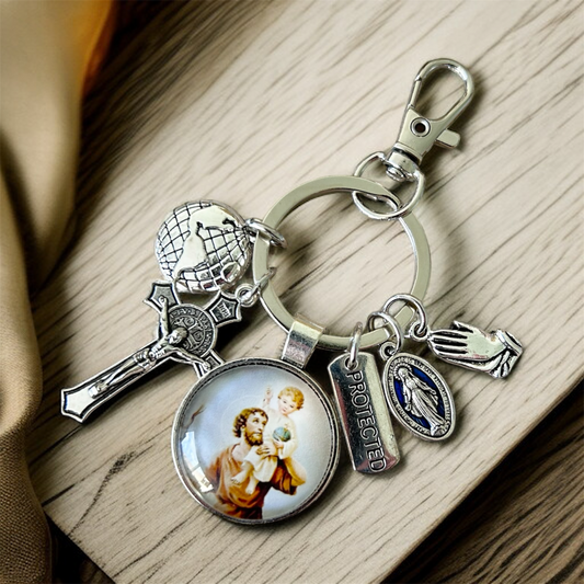 St Christopher Keychain Catholic Car Charm | Religious Keyring with Crucifix, Miraculous Medal & Protection Charm | Travel Blessing Gift