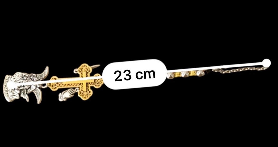 Saint Michael & Evil Eye Protection Car Charm - Gold Color Cross, Sword, & Praying Hands Mirror Hanger