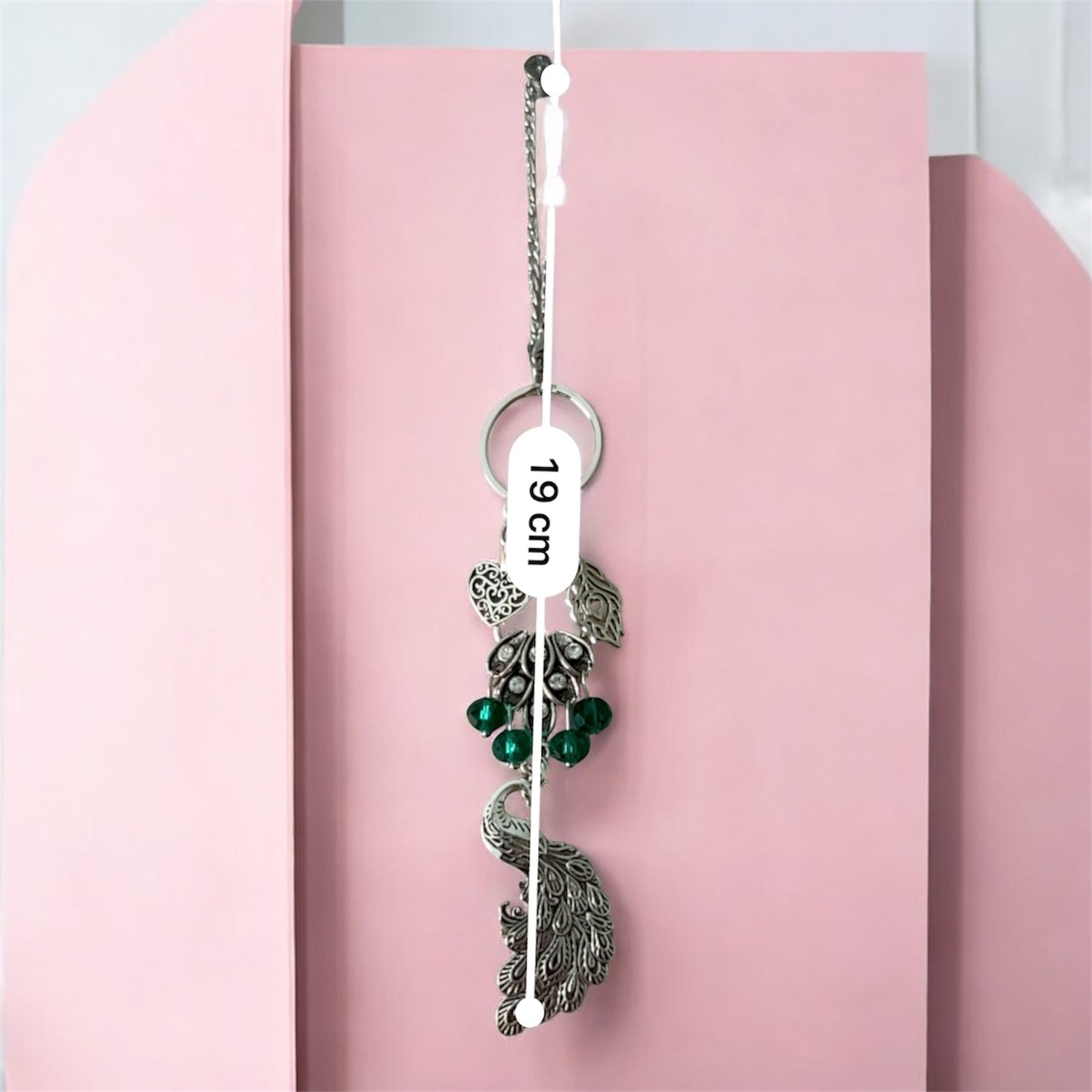 Peacock Car Charm - Emerald Green Rear View Mirror Hanging Ornament - Silver Peacock Jewelry for Car Decor, Home Wall Art & Peacock Lover Gift