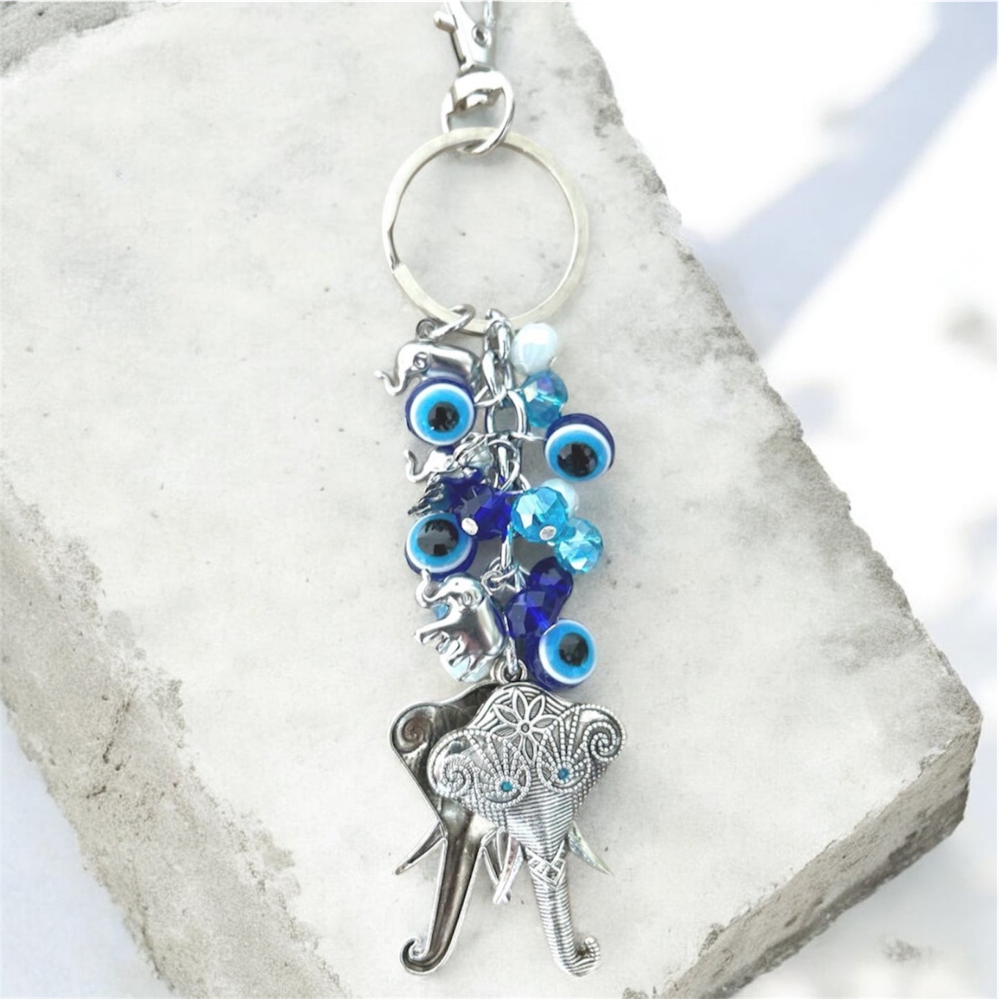 Evil Eye Elephant Keychain – Blue Nazar Protection Charm – Boho Bag Accessory & Good Luck Handbag Charm