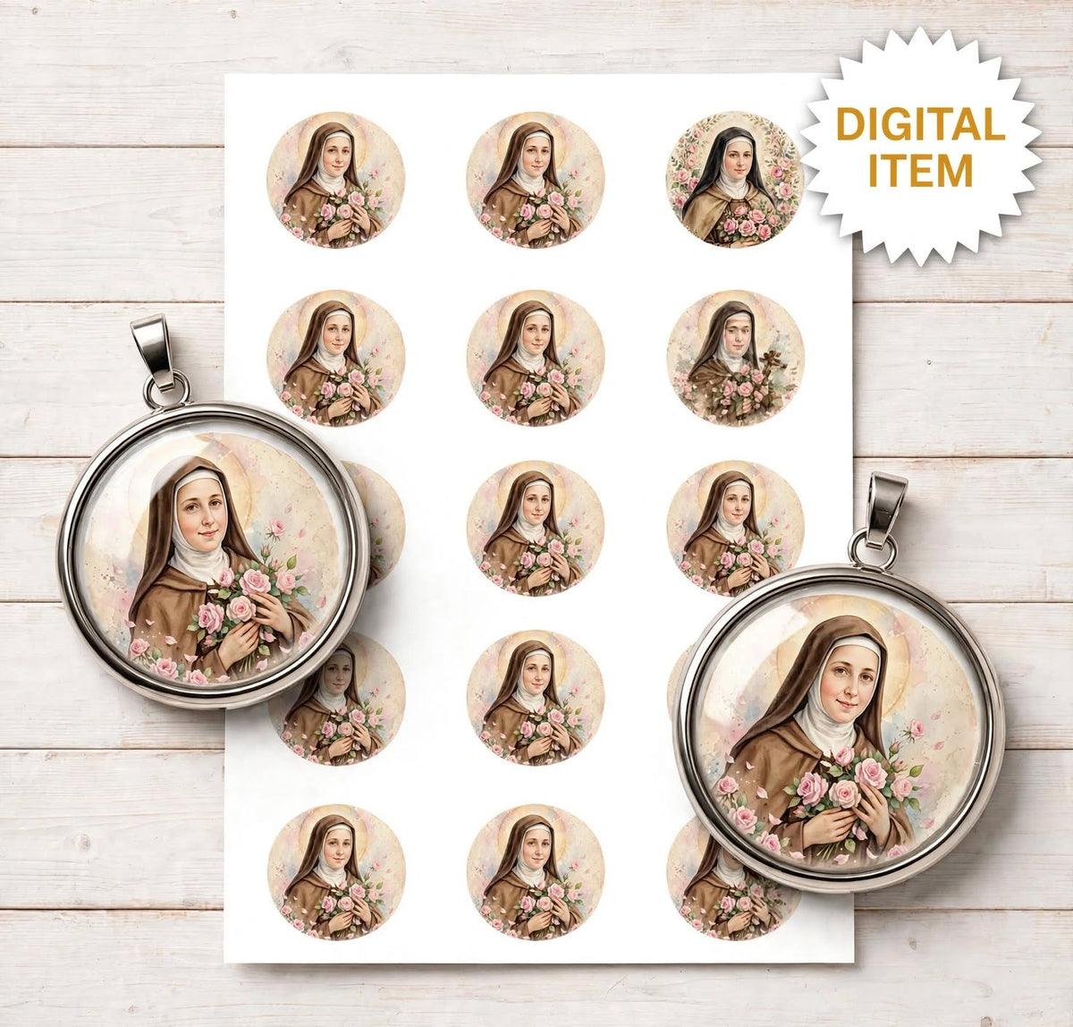St Therese 25mm Cabochon Images - 4 Designs - 15 Circles Per Sheet - 600 DPI - Bottle Cap, Rosary, Jewelry, Glass Dome