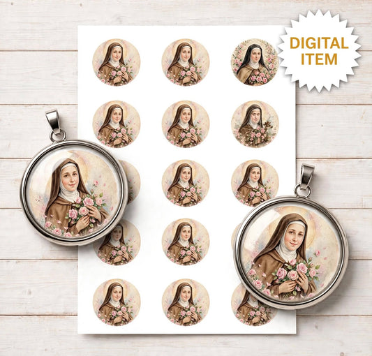 St Therese 25mm Cabochon Images - 4 Designs - 15 Circles Per Sheet - 600 DPI - Bottle Cap, Rosary, Jewelry, Glass Dome