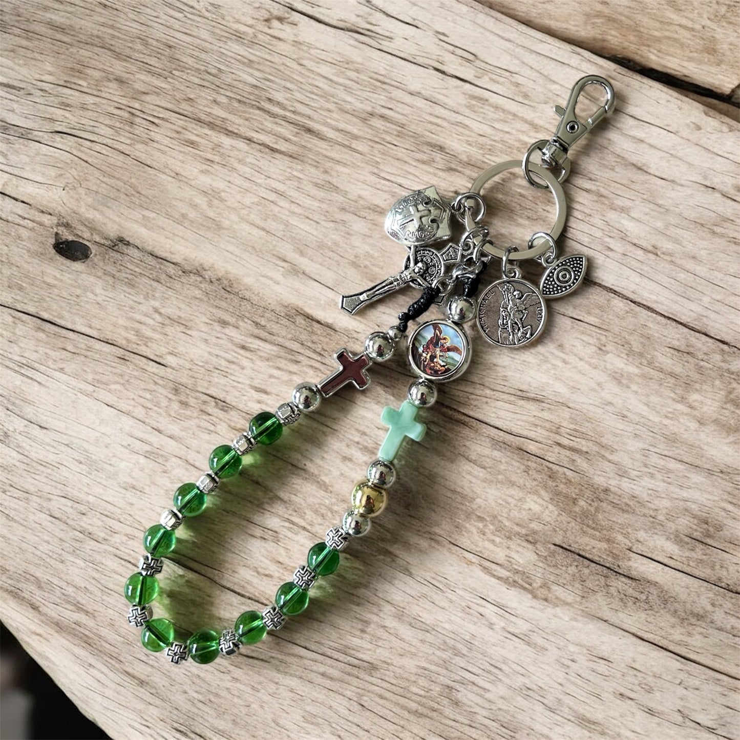 St Michael Archangel Rosary Keychain Green Bead Catholic Charm
