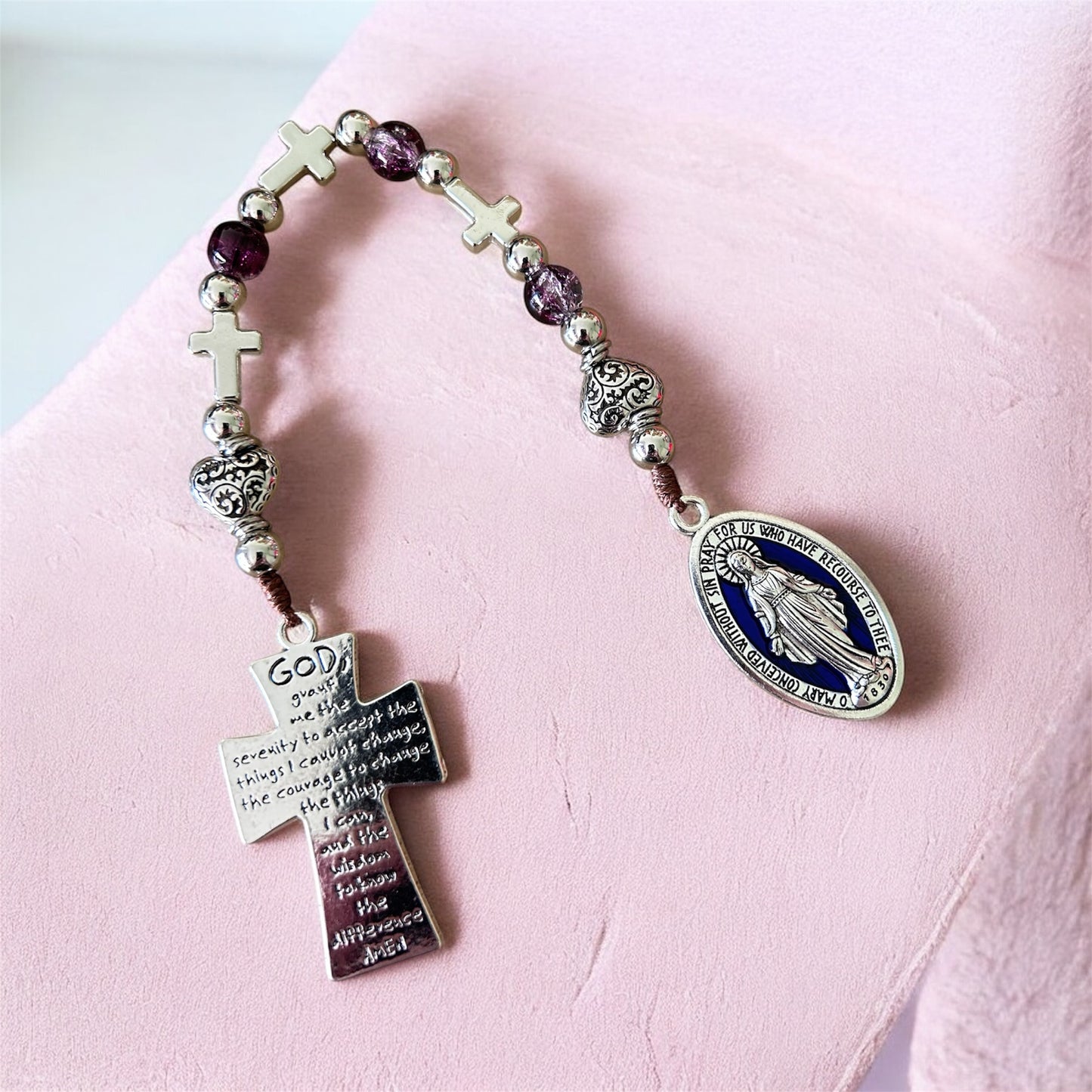 Miraculous Medal 3 Hail Mary Chaplet - Serenity Prayer Cross Pocket Prayer Beads - Purple Glass & Silver Devotional Gift