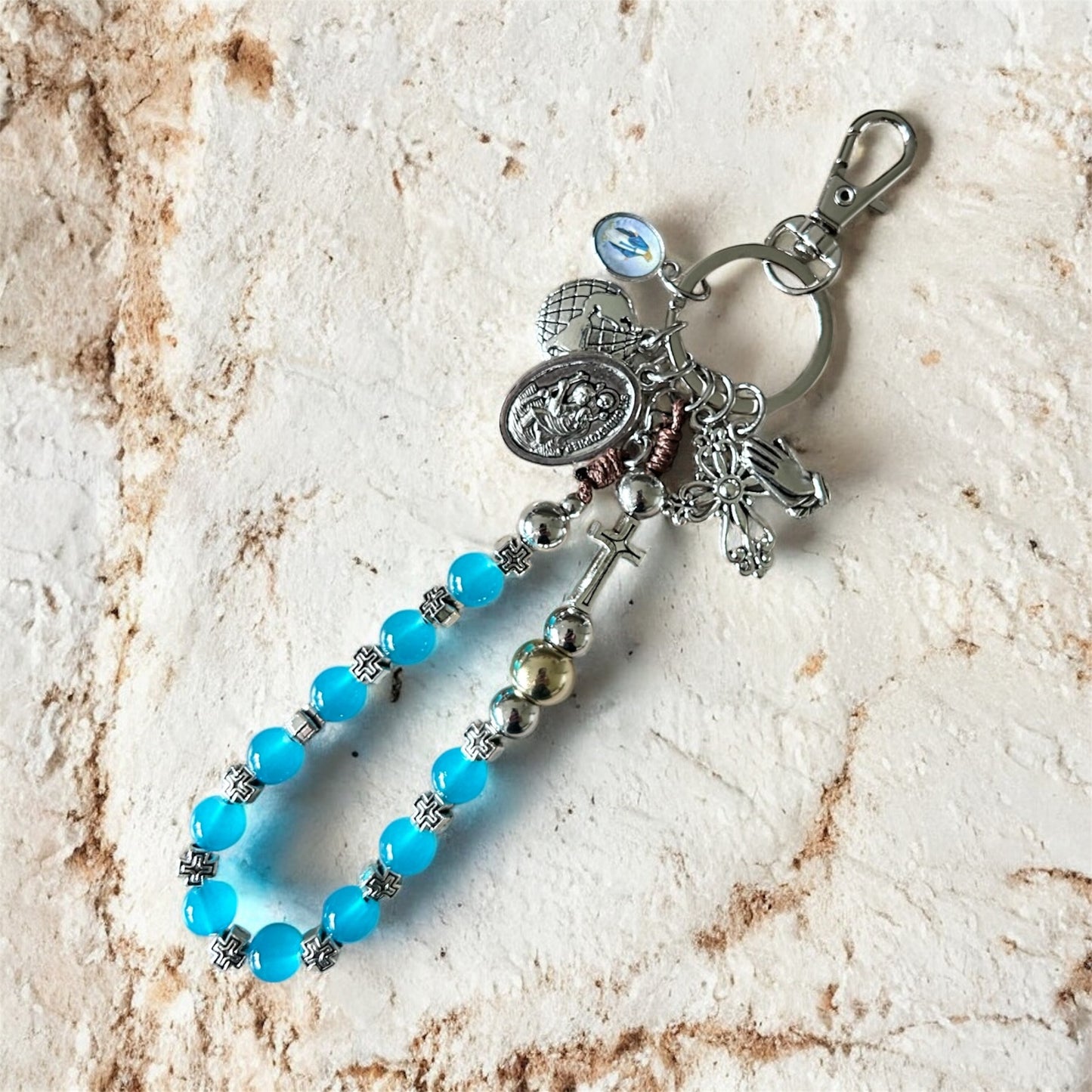 St Christopher & Praying Hands One Decade Rosary Keychain – Blue Cats Eye Prayer Beads – Catholic Travel Chaplet, Religious Protection Gift