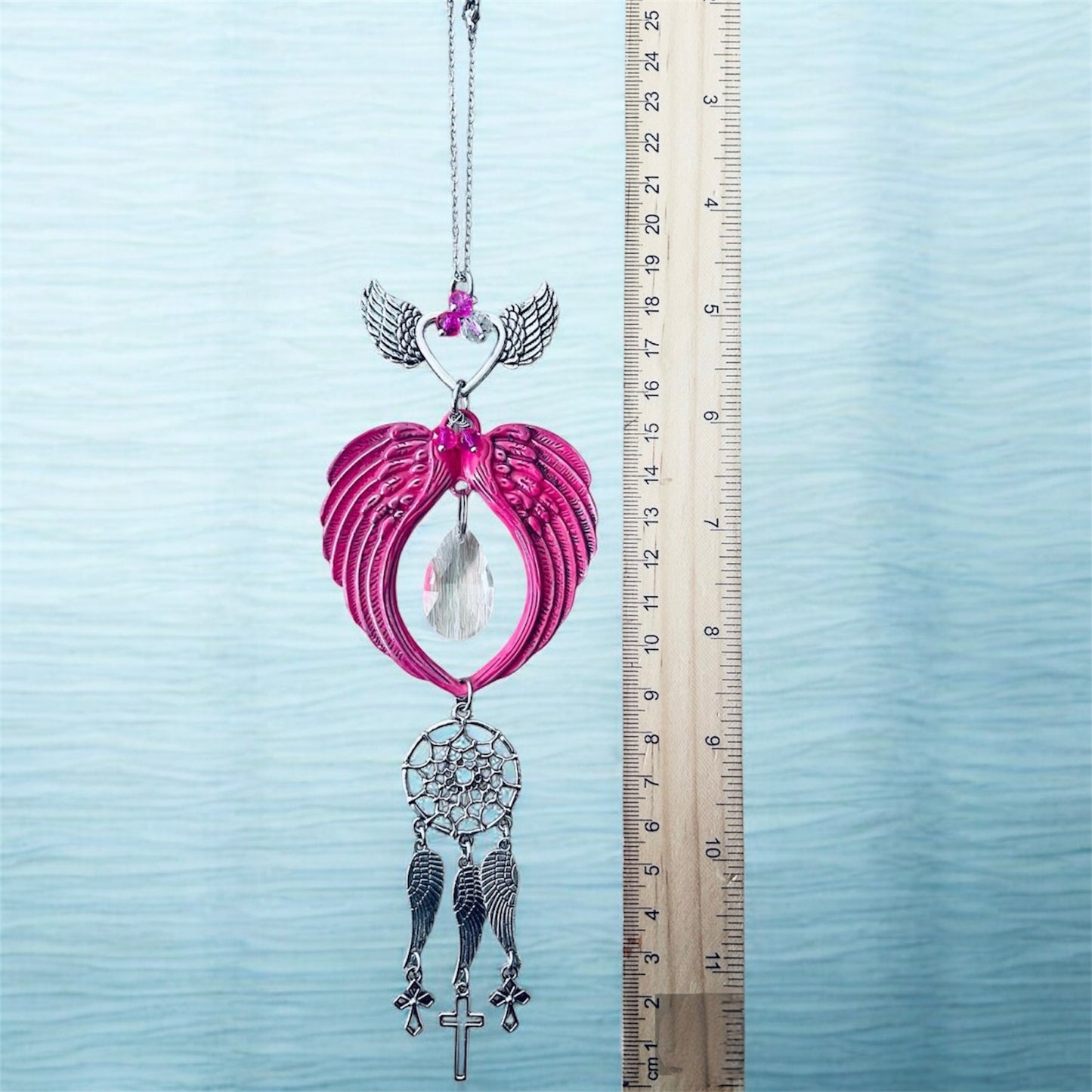 Pink Angel Wing Car Charm with Dreamcatcher & Cross | Rearview Mirror Hanging Ornament | Guardian Angel Crystal Car Decor Gift