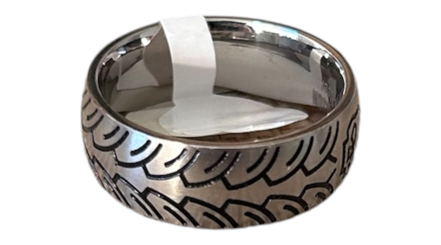 Stainless Steel Skull & Tyre Tread Biker Ring – Size 10 (20mm)