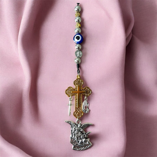 Saint Michael & Evil Eye Protection Car Charm - Gold Color Cross, Sword, & Praying Hands Mirror Hanger