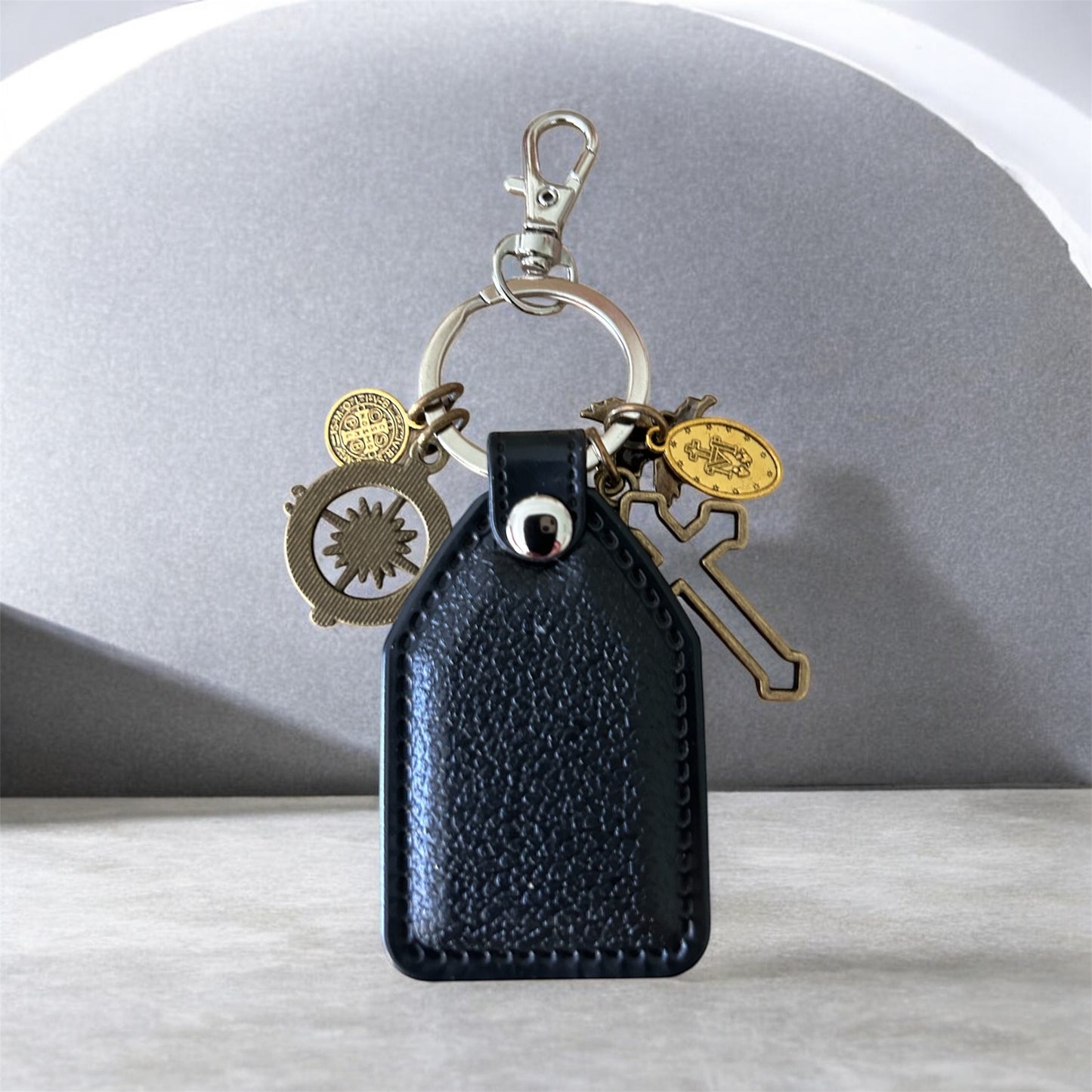 St Christopher Faux Leather Keychain & Compass Bag Charm - Antique Bronze Religious Travel Medallion