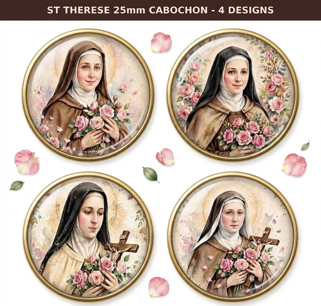 St Therese 25mm Cabochon Images - 4 Designs - 15 Circles Per Sheet - 600 DPI - Bottle Cap, Rosary, Jewelry, Glass Dome