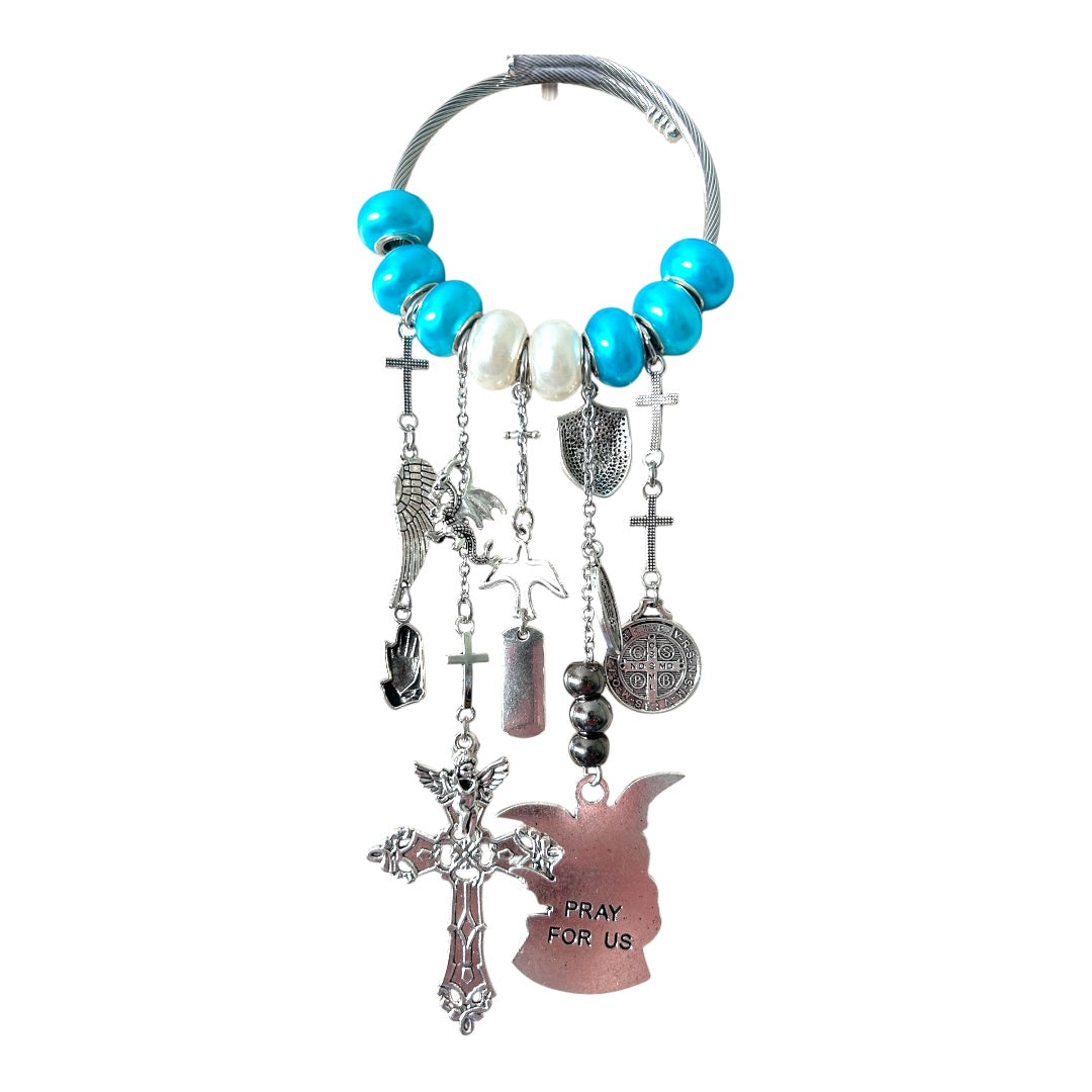 St. Michael the Archangel Door Hanger – Spiritual Home Protection Decor with Blue Beads, Crucifix & Fearless Charm