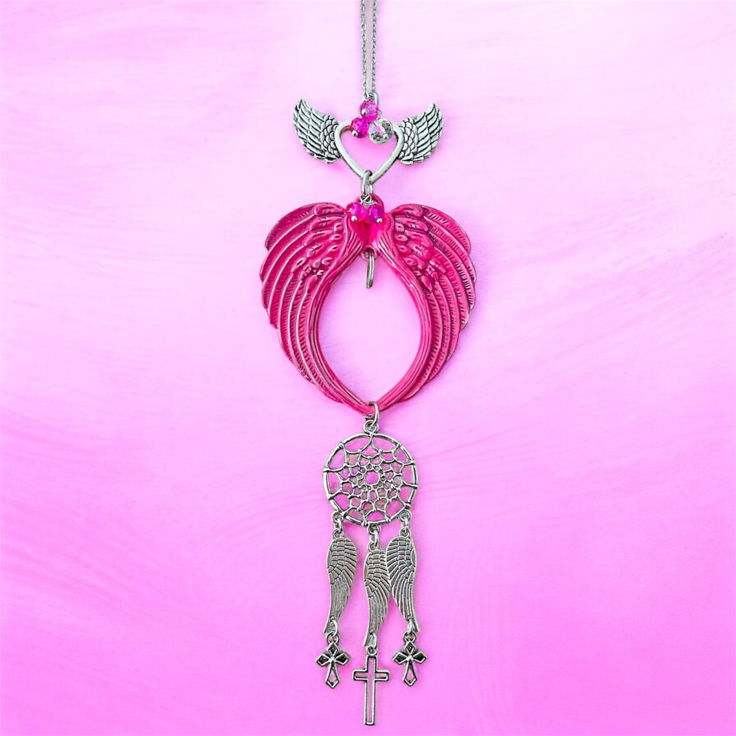 Pink Angel Wing Car Charm with Dreamcatcher & Cross | Rearview Mirror Hanging Ornament | Guardian Angel Crystal Car Decor Gift