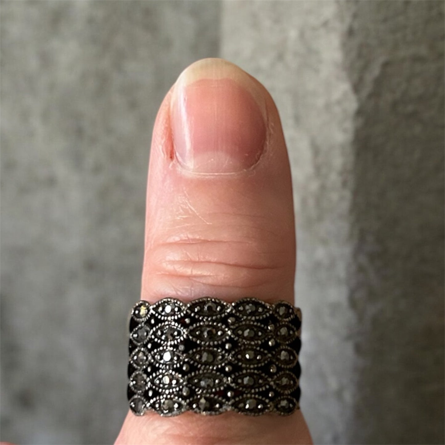 Art Deco Gunmetal Rhinestone Ring - Vintage Style Rustic Wide Band Ring- Unpolished
