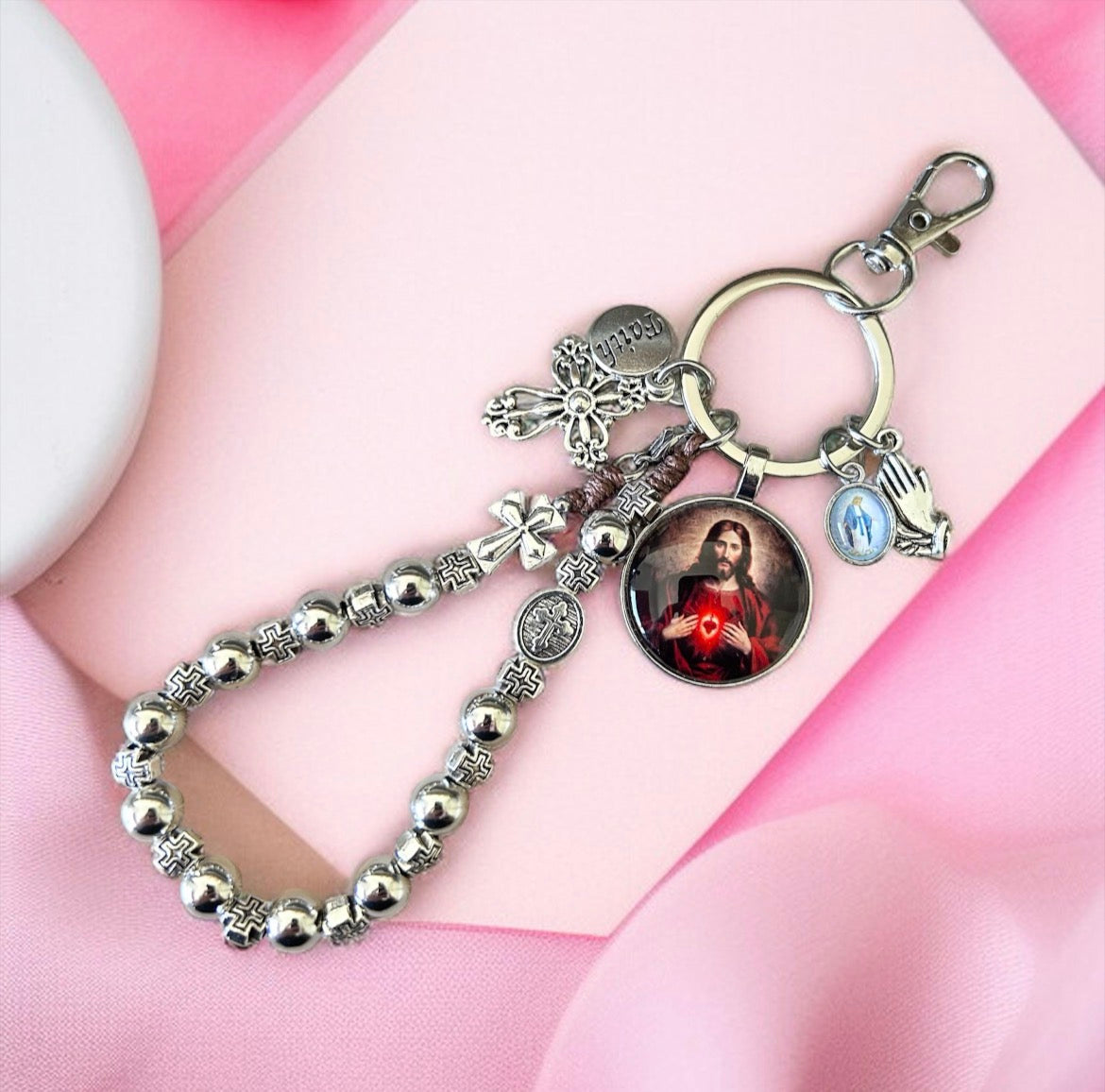 Sacred Heart of Jesus One Decade Rosary Keychain – Pocket Prayer Beads with Miraculous Medal & Catholic Charms