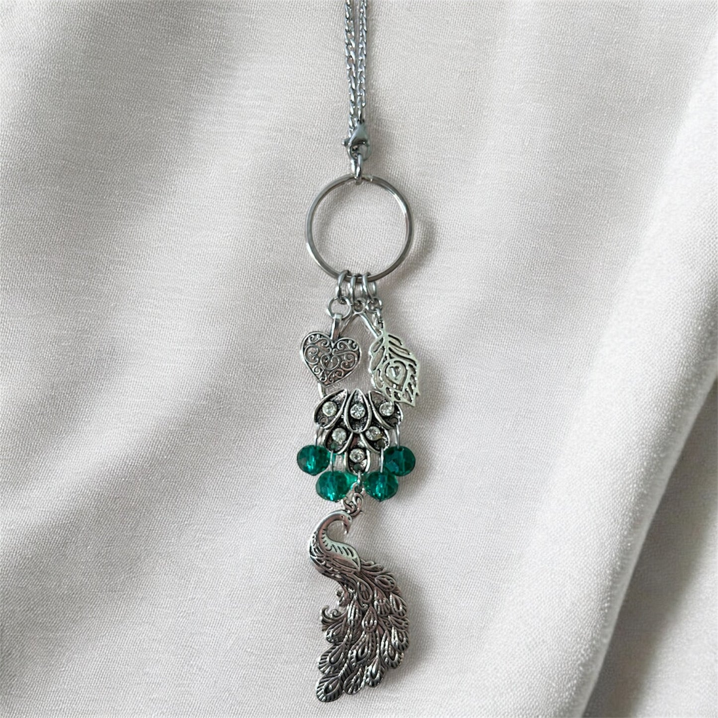Peacock Car Charm - Emerald Green Rear View Mirror Hanging Ornament - Silver Peacock Jewelry for Car Decor, Home Wall Art & Peacock Lover Gift
