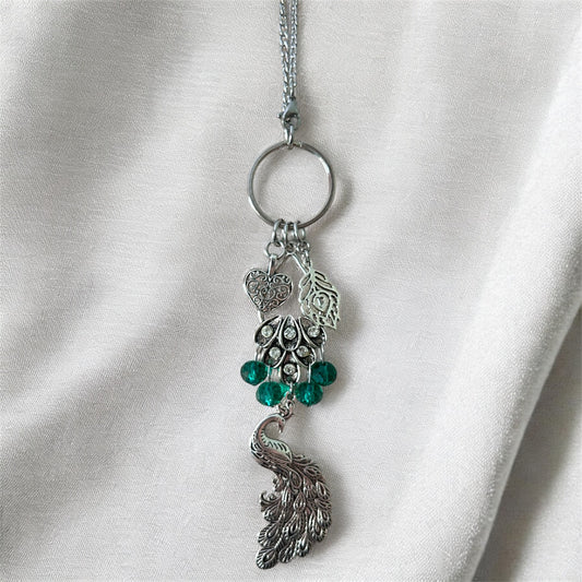 Peacock Car Charm - Emerald Green Rear View Mirror Hanging Ornament - Silver Peacock Jewelry for Car Decor, Home Wall Art & Peacock Lover Gift