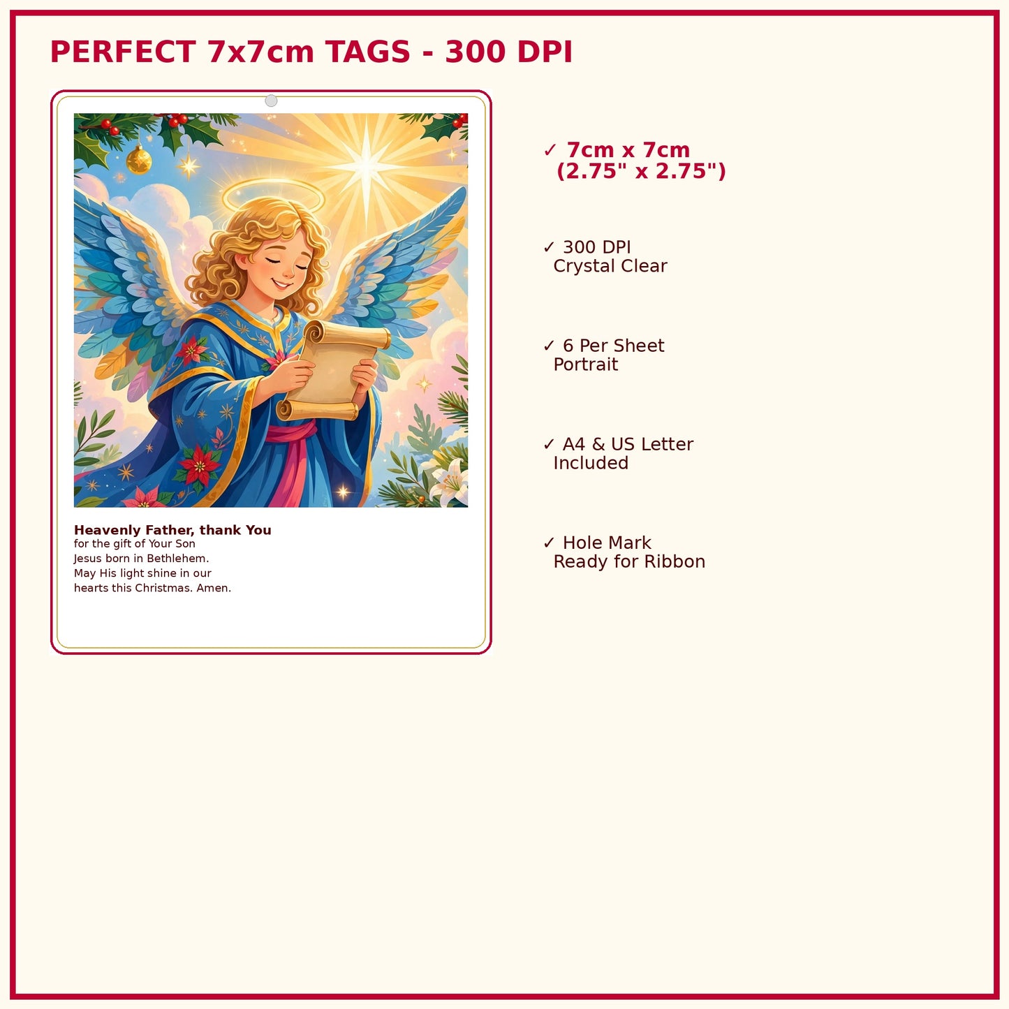 Bright & Colorful Christmas Religious Gift Tags - 42 Printable Christian Tags with Full Prayers - Nativity, Mary & Child, Angels | 300 DPI | A4 + US Letter
