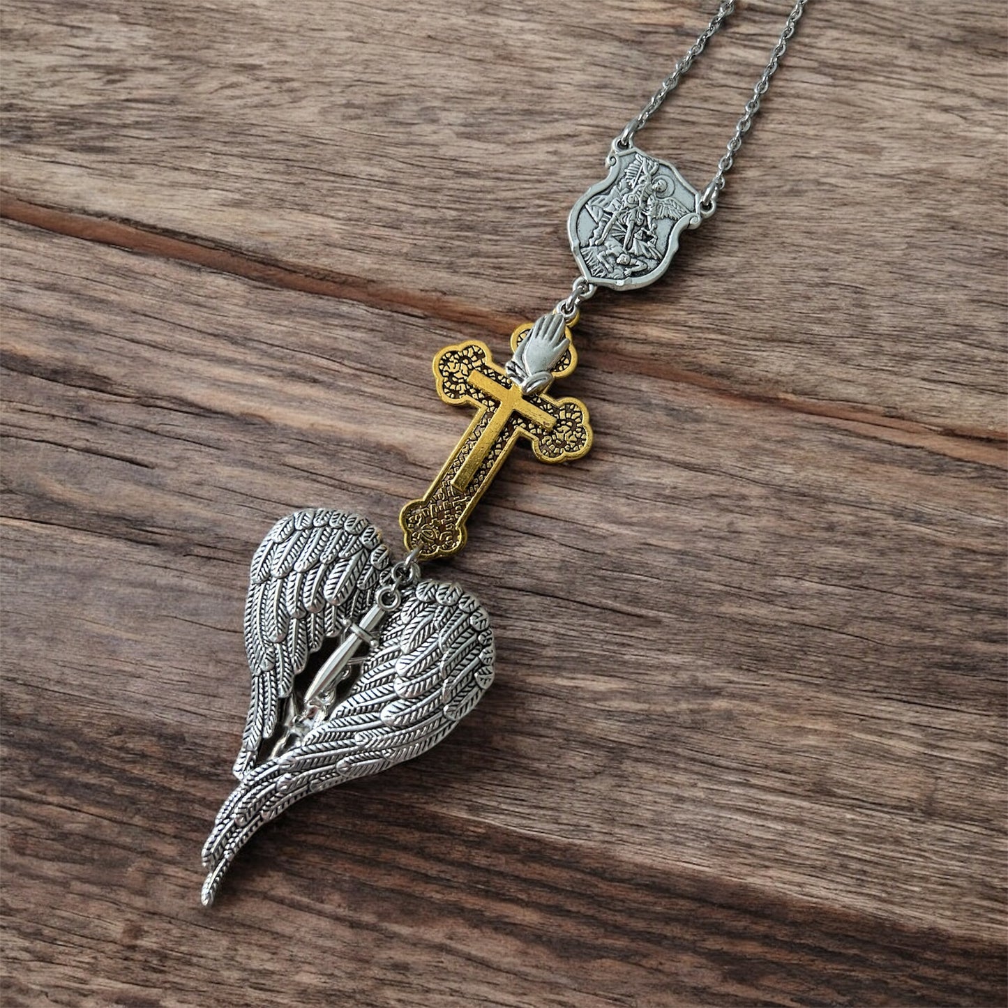 St. Michael Archangel Car Charm – Religious Rearview Mirror Hanging Ornament – Protection Cross & Angel Wings Pendant