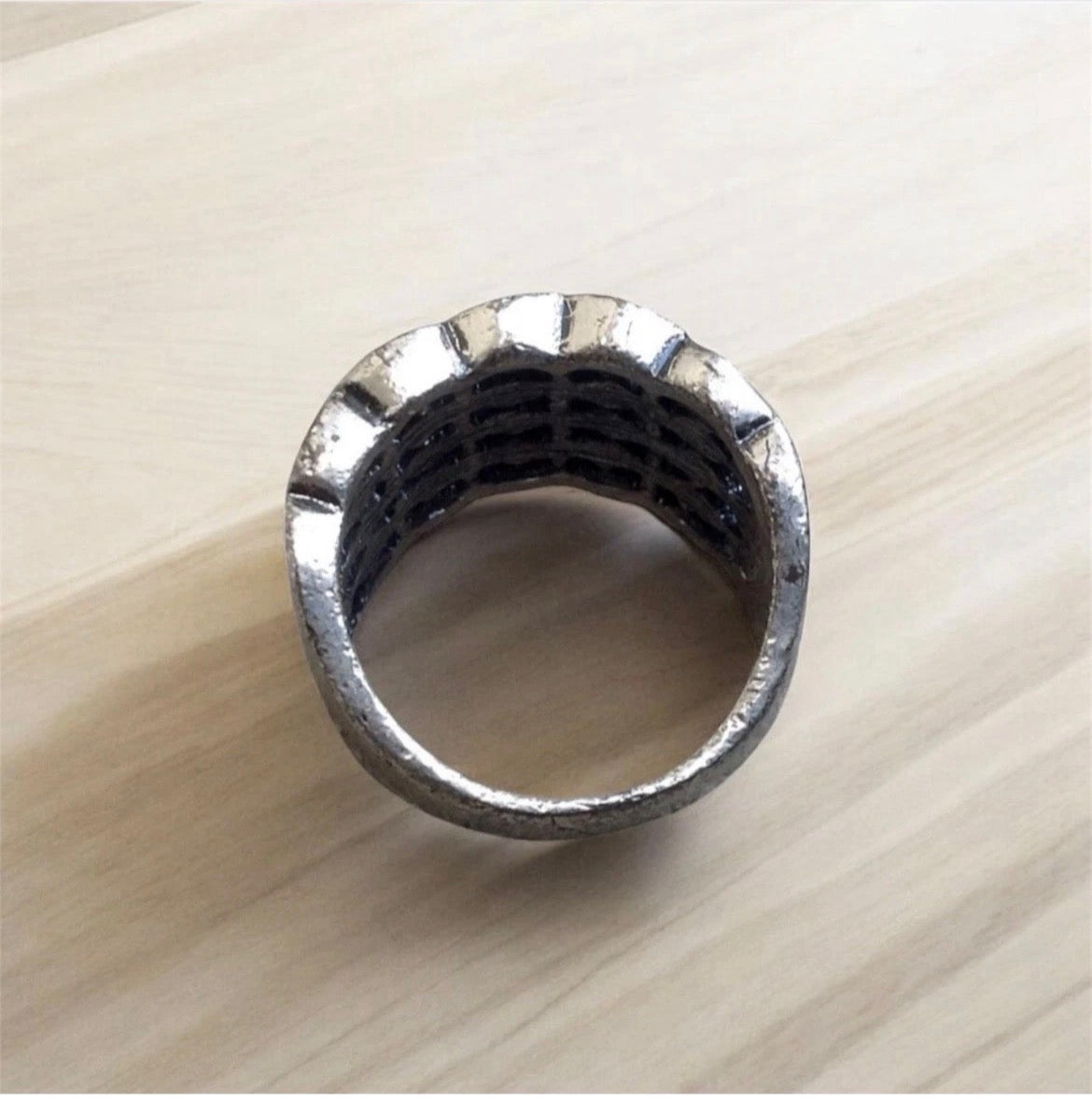 Art Deco Gunmetal Rhinestone Ring - Vintage Style Rustic Wide Band Ring- Unpolished