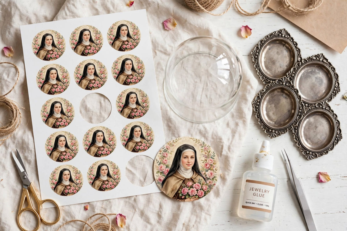 St Therese 25mm Cabochon Images - 4 Designs - 15 Circles Per Sheet - 600 DPI - Bottle Cap, Rosary, Jewelry, Glass Dome