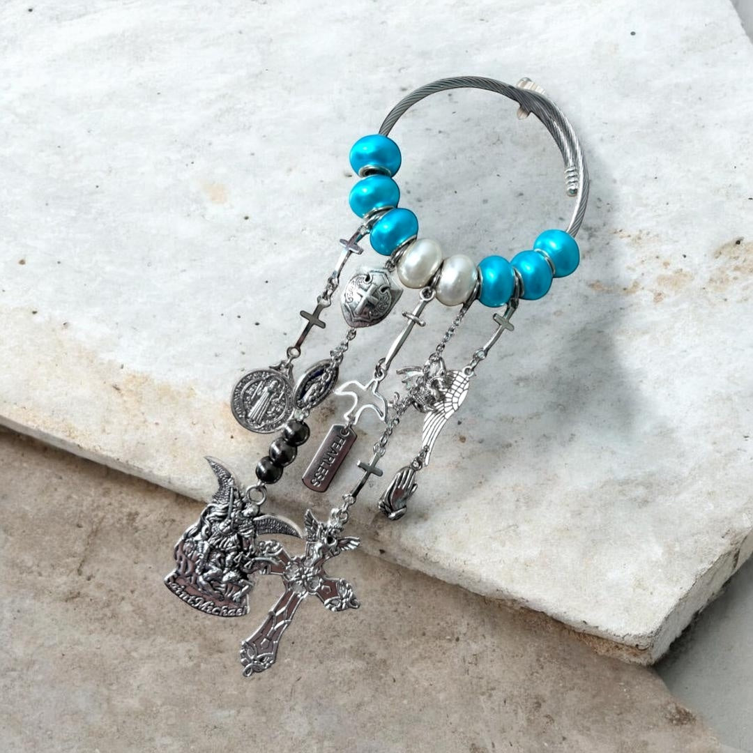 St. Michael the Archangel Door Hanger – Spiritual Home Protection Decor with Blue Beads, Crucifix & Fearless Charm