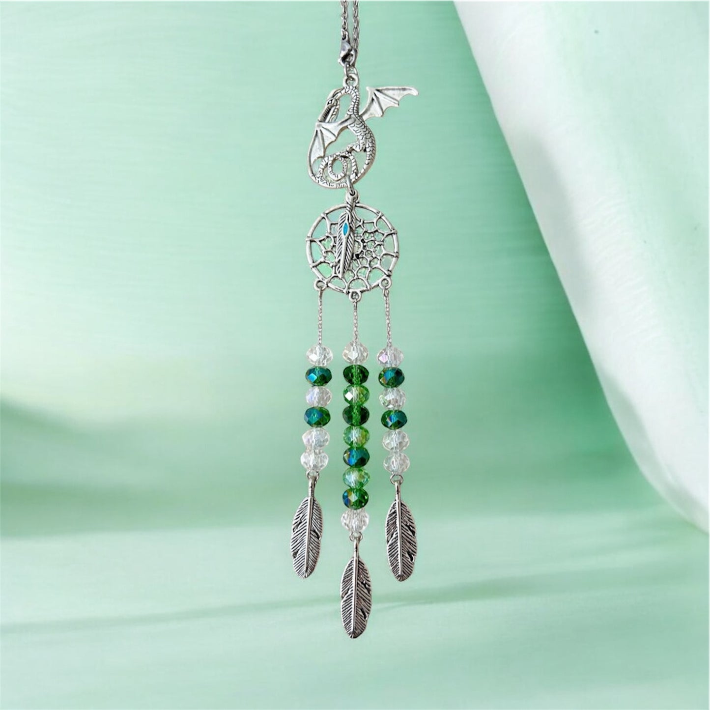 Dragon Dreamcatcher Car Charm - Green Crystal Suncatcher Rearview Mirror Hanging Accessory, Fantasy Boho Protection Ornament