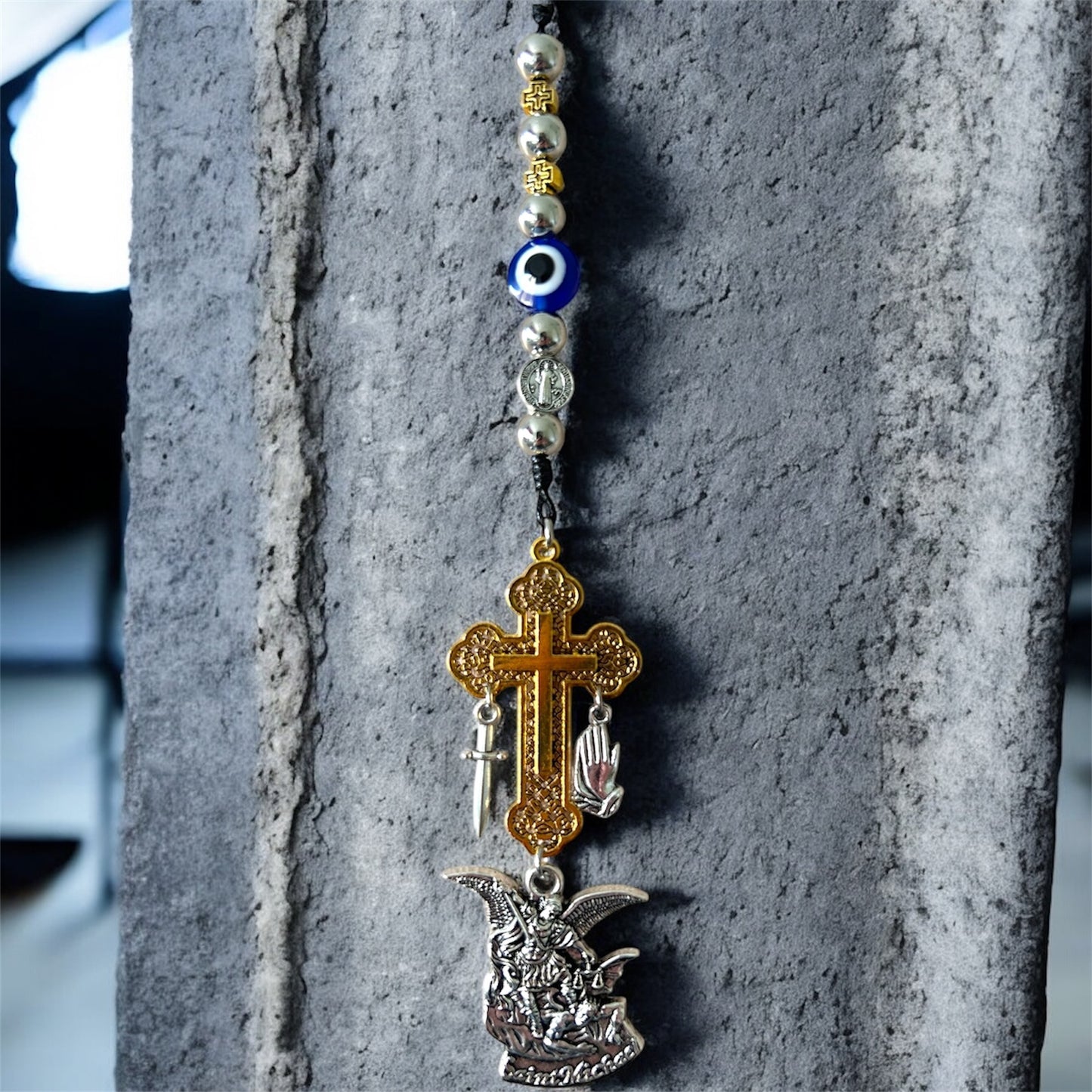Saint Michael & Evil Eye Protection Car Charm - Gold Color Cross, Sword, & Praying Hands Mirror Hanger