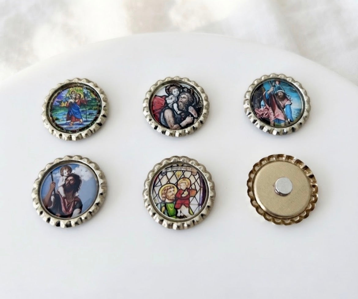 St Christopher Bottle Cap Magnets Set of 6 - Patron Saint of Travelers Gifts, Catholic Art, Traveler Protector Charm Unique Catholic Gifts