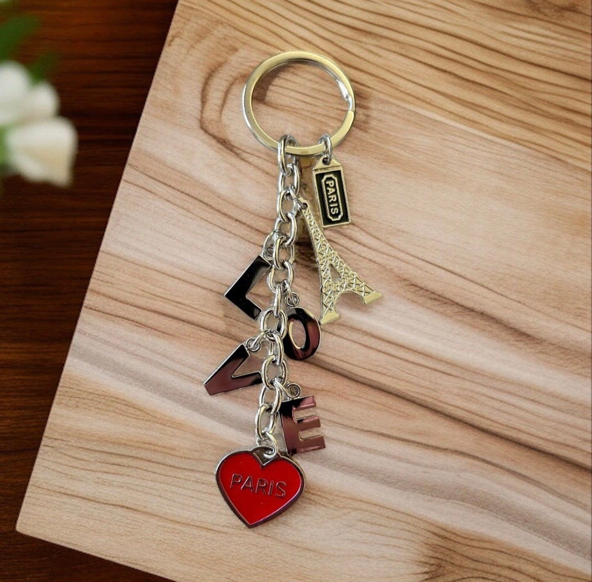 Paris Love Keychain - Eiffel Tower Charm with Red Heart & Letter Charms - French Souvenir Keyring, Romantic Gift for Her, Travel Keepsake