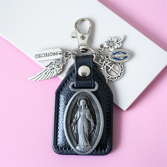 Miraculous Mary Keychain Bag Charm, Protected Wing, Cross & Flower