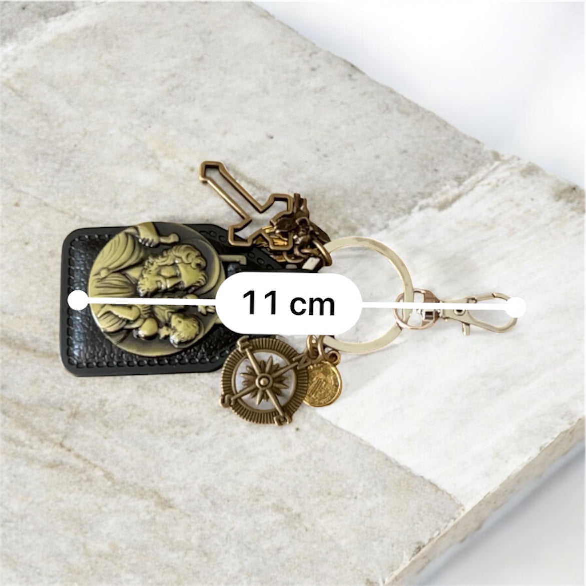 St Christopher Faux Leather Keychain & Compass Bag Charm - Antique Bronze Religious Travel Medallion