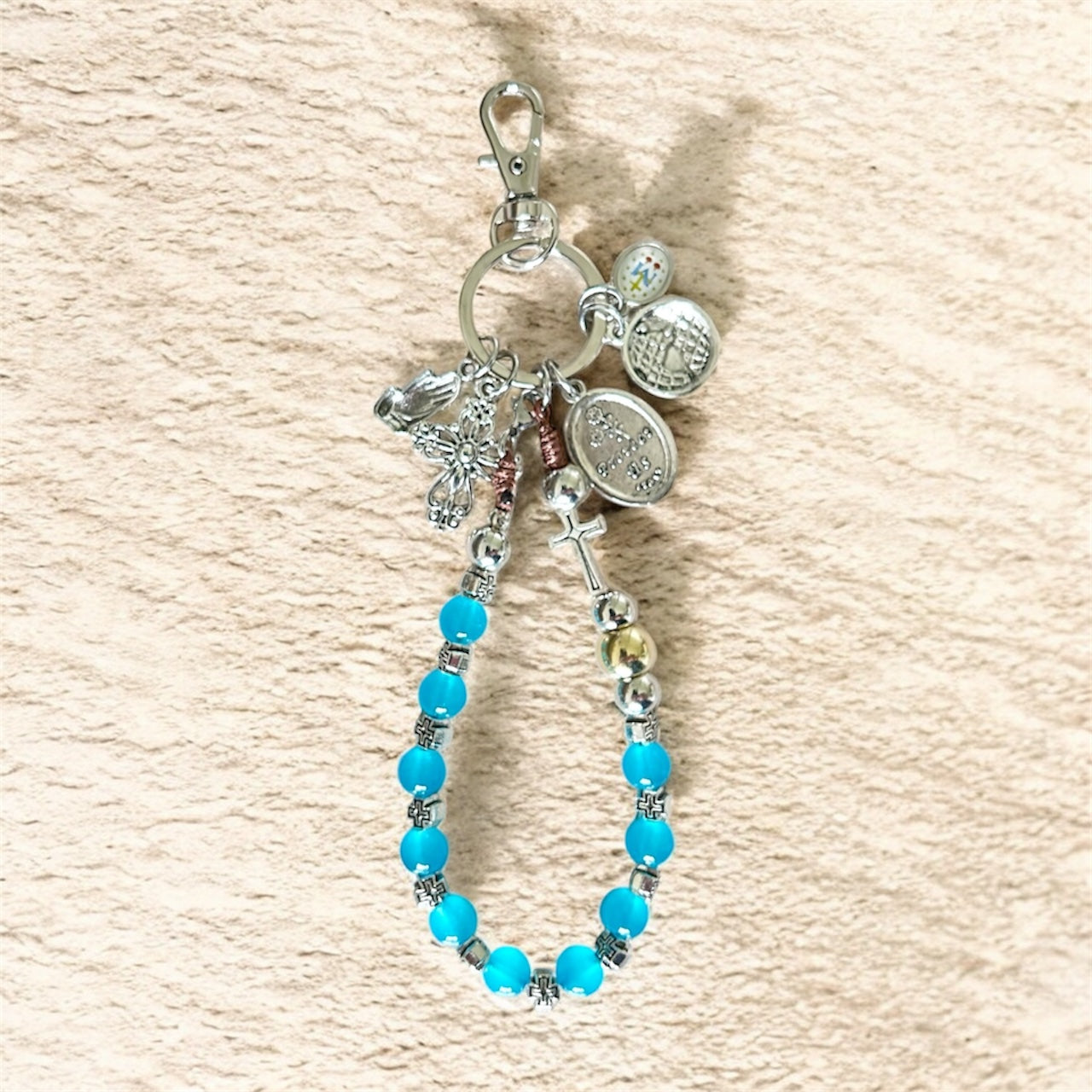 Sacred Heart of Jesus One Decade Rosary Keychain – Blue Glass Prayer Beads for Car & Travel