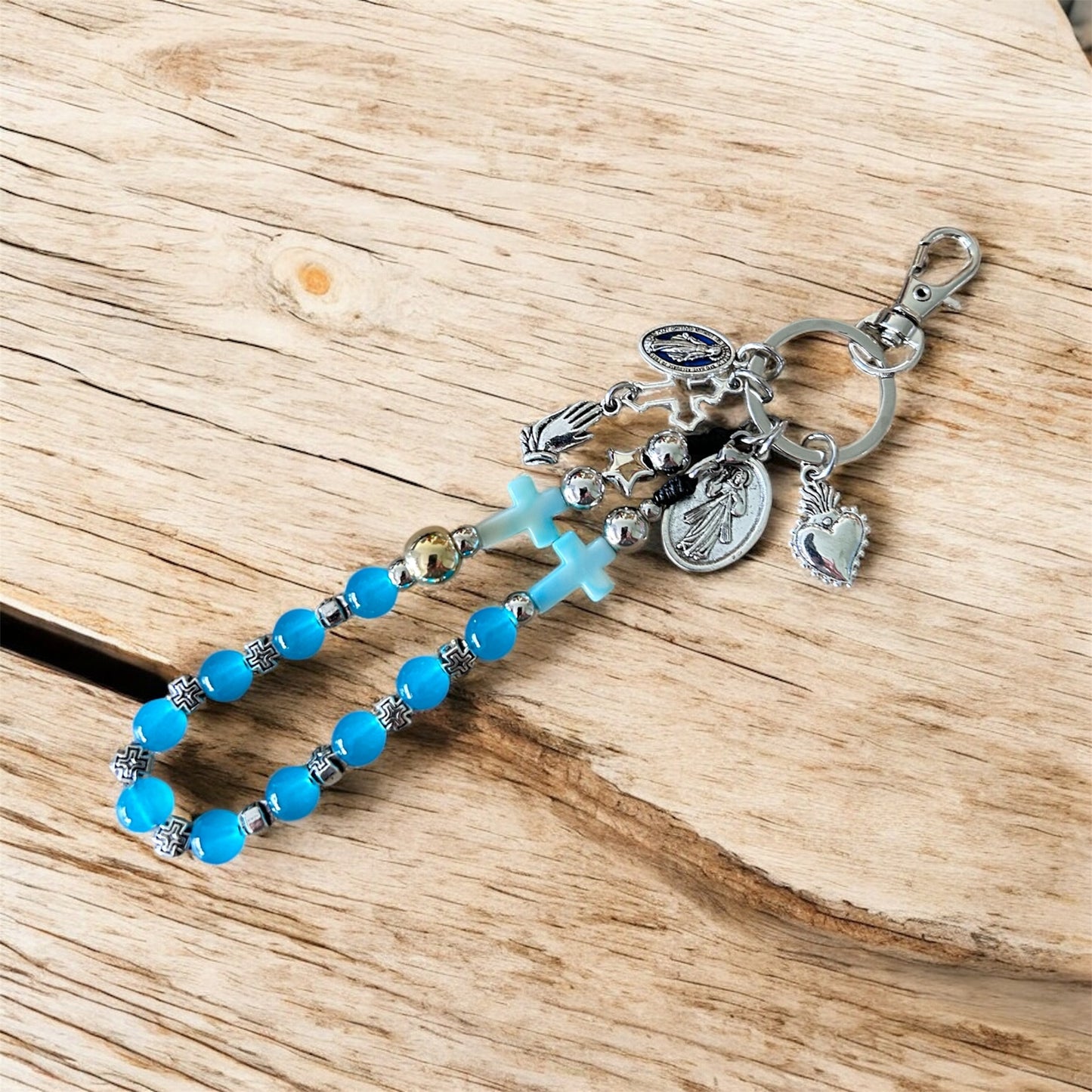 Sacred Heart of Jesus One Decade Rosary Keychain – Blue Glass Prayer Beads for Car & Travel