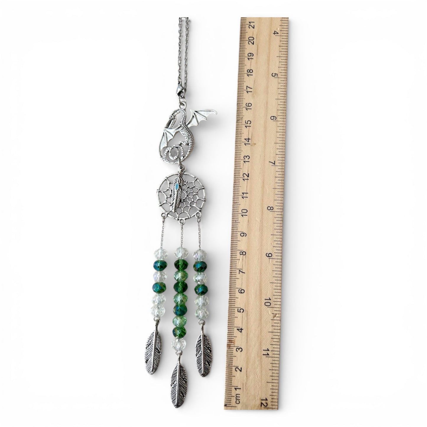 Dragon Dreamcatcher Car Charm - Green Crystal Suncatcher Rearview Mirror Hanging Accessory, Fantasy Boho Protection Ornament