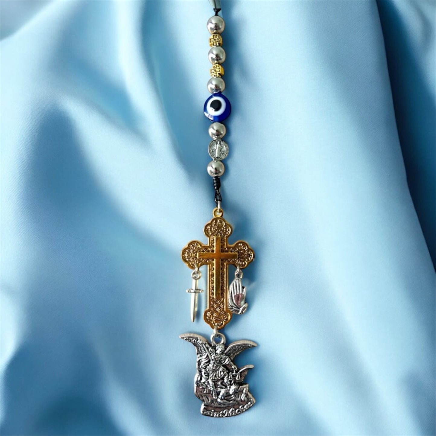 Saint Michael & Evil Eye Protection Car Charm - Gold Color Cross, Sword, & Praying Hands Mirror Hanger