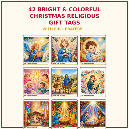 Bright & Colorful Christmas Religious Gift Tags - 42 Printable Christian Tags with Full Prayers - Nativity, Mary & Child, Angels | 300 DPI | A4 + US Letter