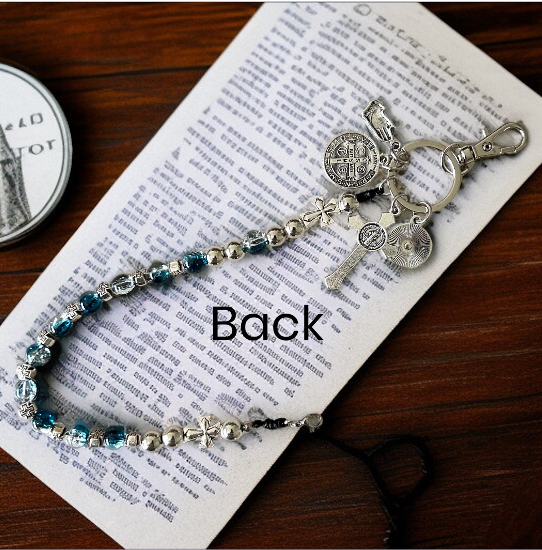 St. Benedict Rosary Keychain – Patron Saint of Students and Europe – Blue Beads