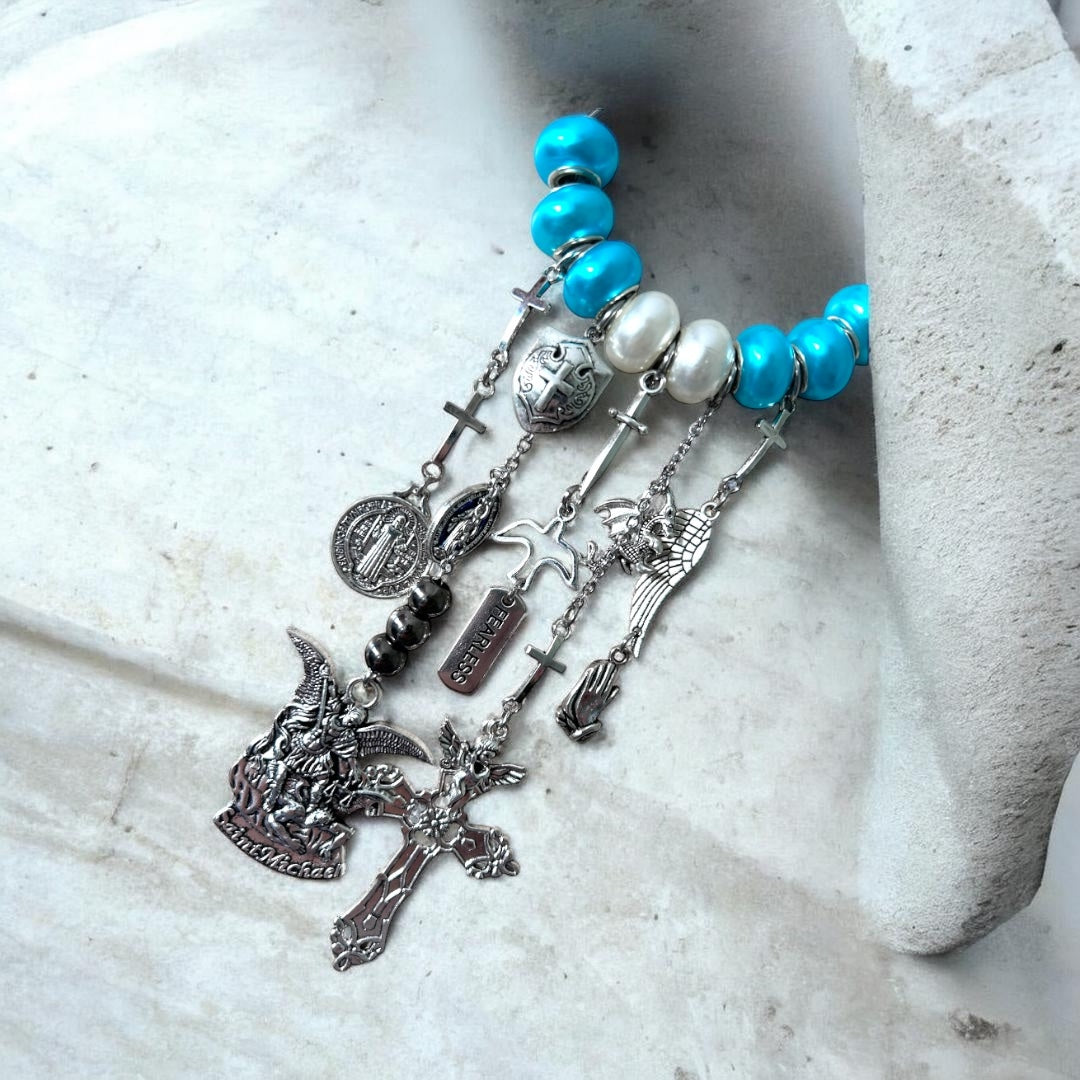 St. Michael the Archangel Door Hanger – Spiritual Home Protection Decor with Blue Beads, Crucifix & Fearless Charm
